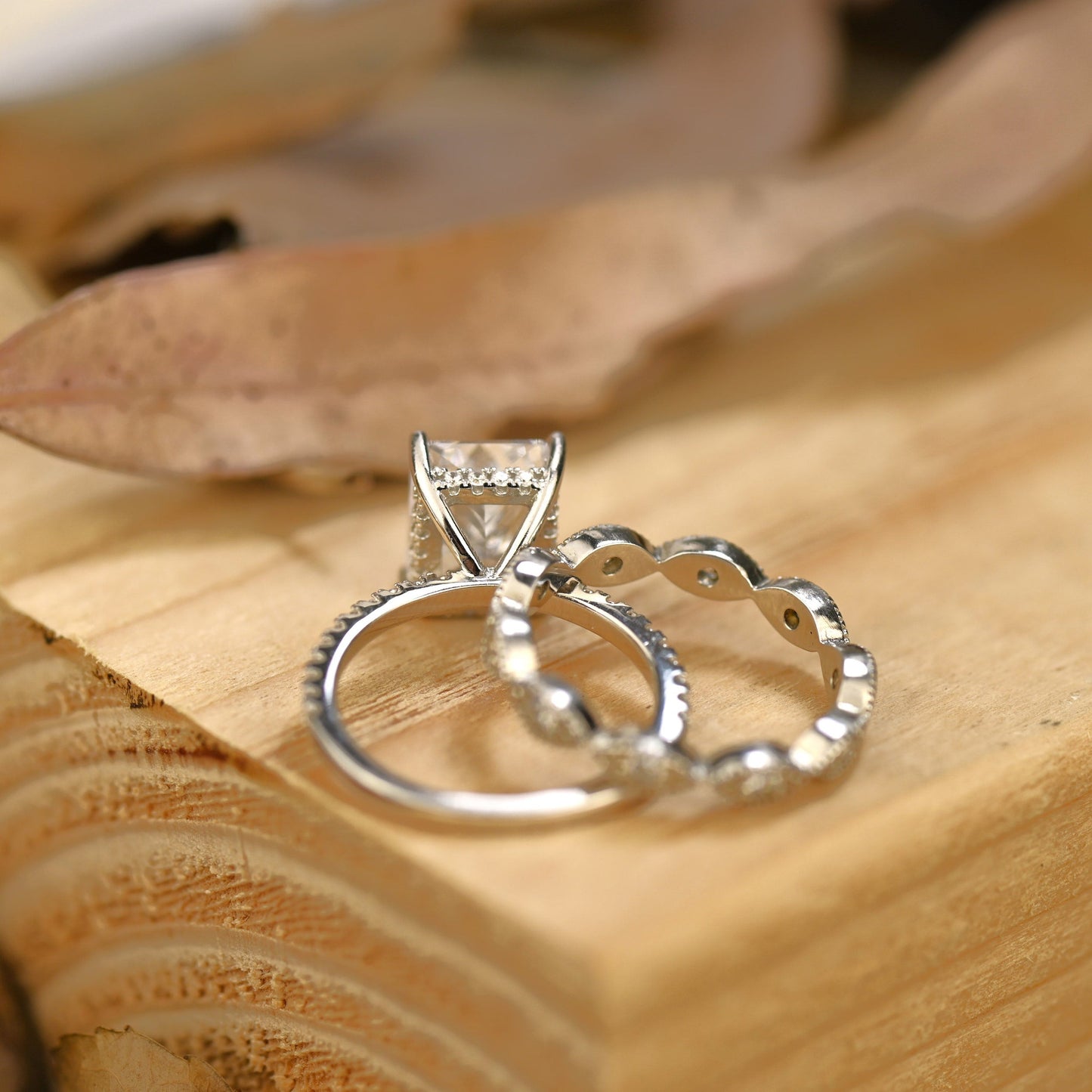 Pave Setting Bridal Ring Set with 2.0 CT Radiant Cut Moissanite