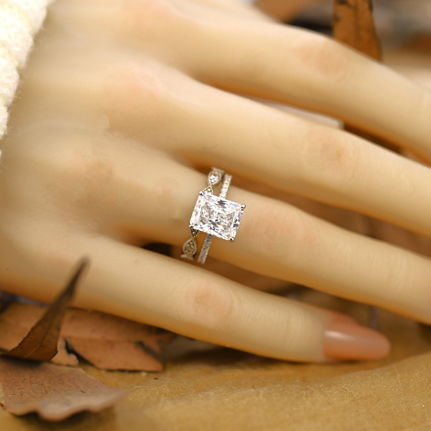 Pave Setting Bridal Ring Set with 2.0 CT Radiant Cut Moissanite