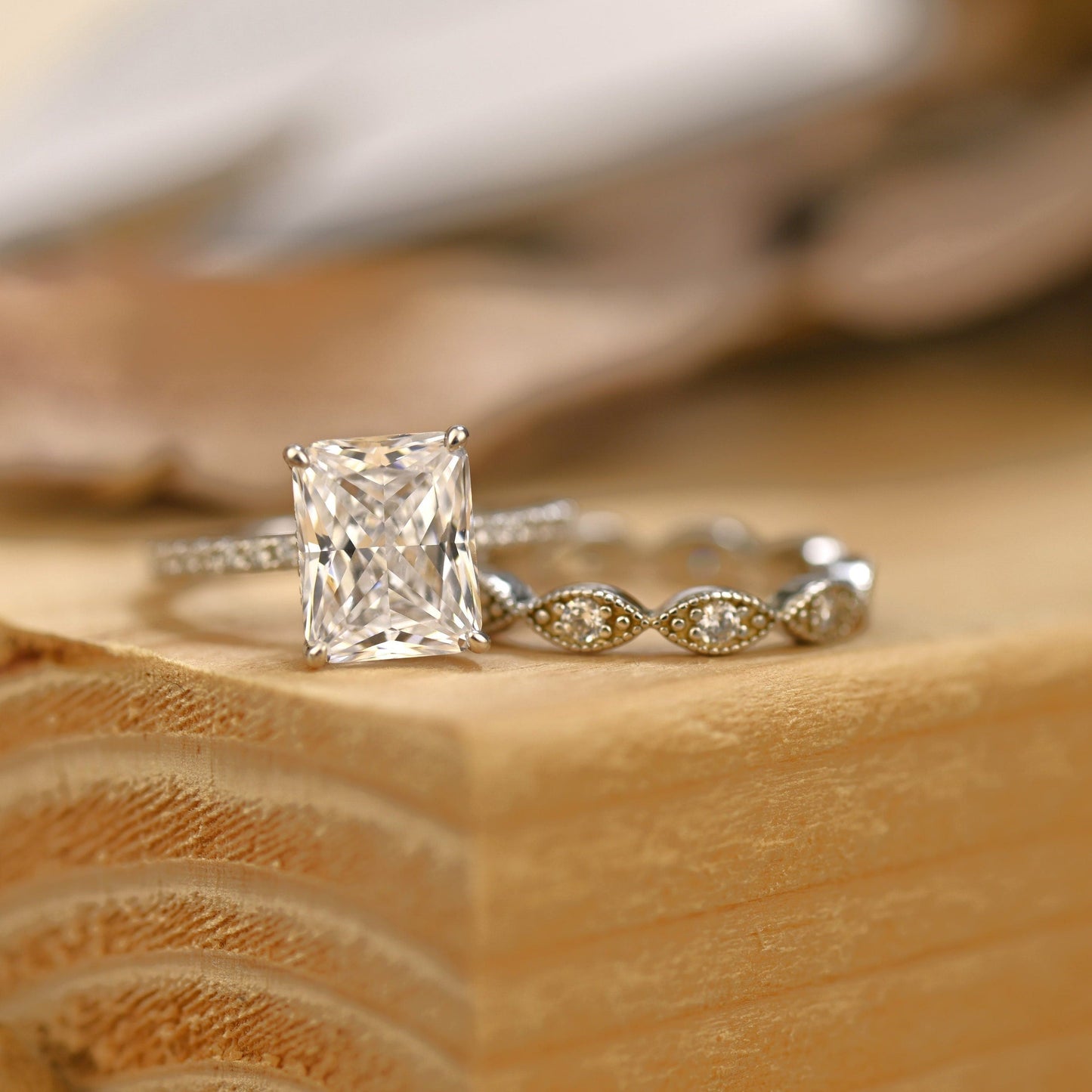 Pave Setting Bridal Ring Set with 2.0 CT Radiant Cut Moissanite