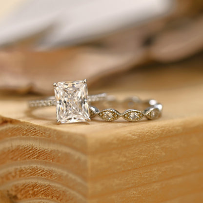 Pave Setting Bridal Ring Set with 2.0 CT Radiant Cut Moissanite