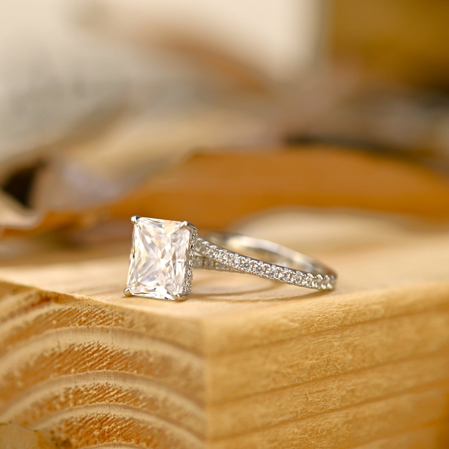 Pave Setting Bridal Ring Set with 2.0 CT Radiant Cut Moissanite