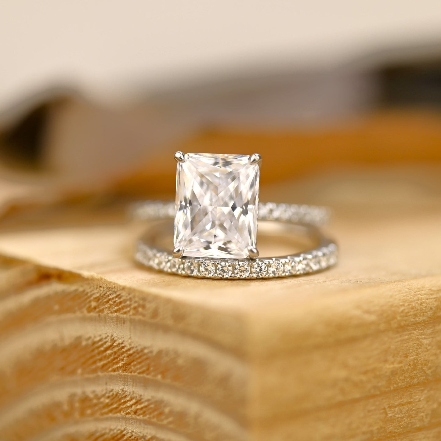 Pave Setting Bridal Ring Set with 2.0 CT Radiant Cut Moissanite