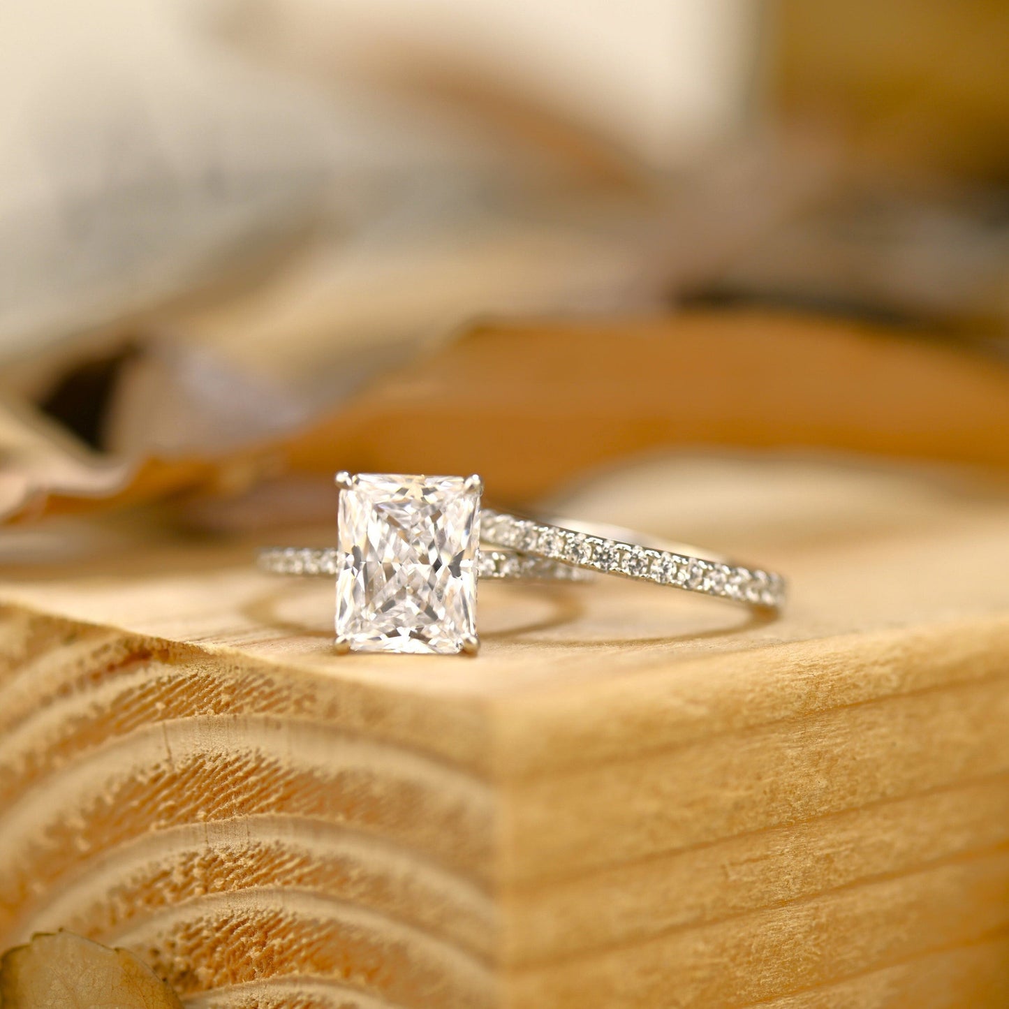 Pave Setting Bridal Ring Set with 2.0 CT Radiant Cut Moissanite