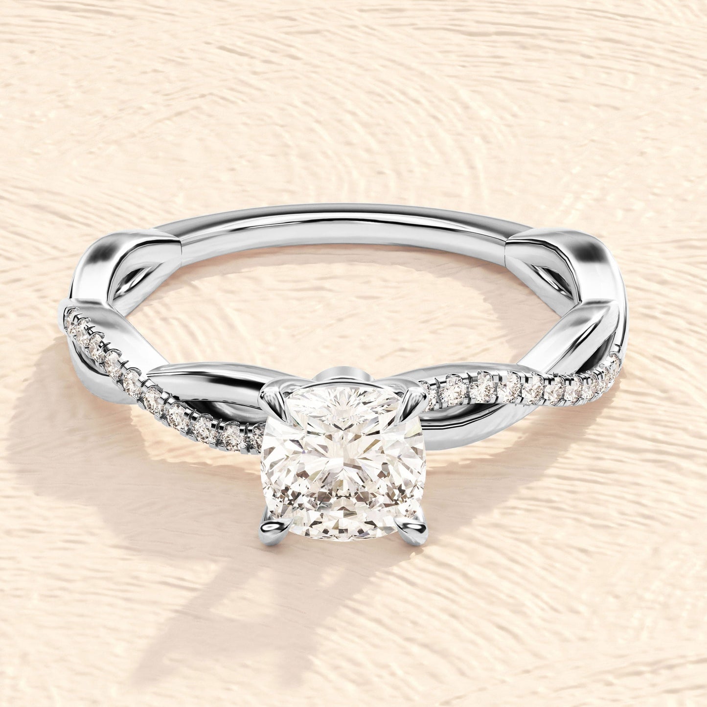 Cross Over Pave Ring with 2.0 CT Cushion Moissanite