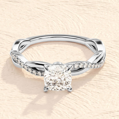 Cross Over Pave Ring with 2.0 CT Cushion Moissanite