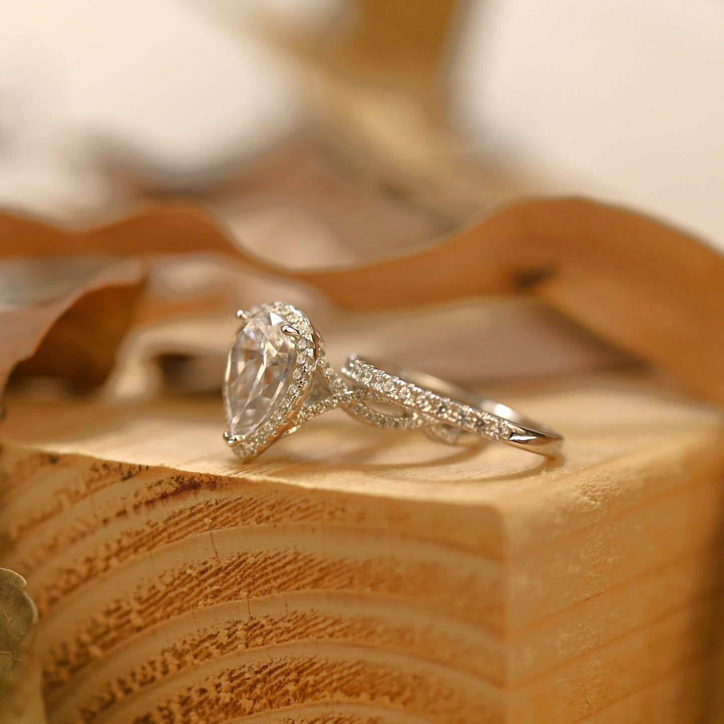Halo Bridal Ring Set with 2.0 CT Pear Cut Moissanite