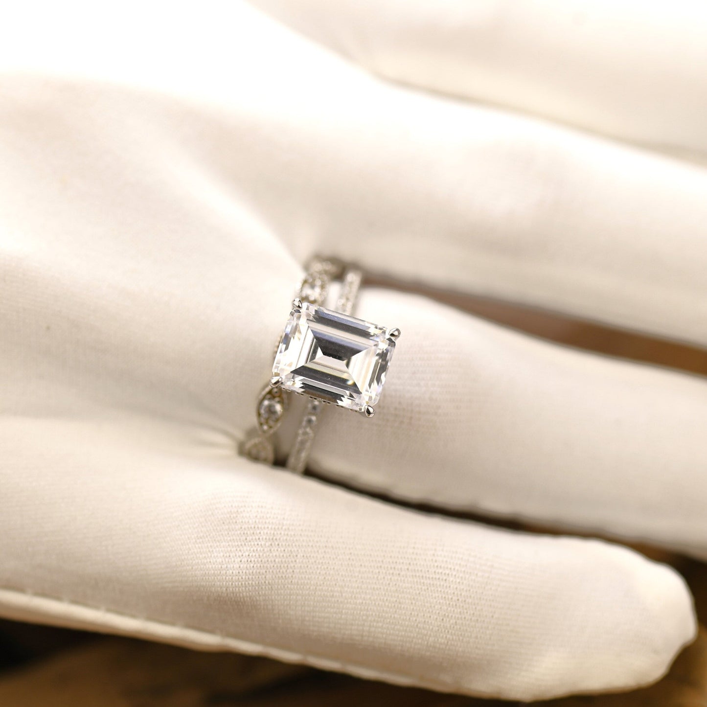 Pave Setting Bridal Ring Set with 1.50 CT Emerald Cut Moissanite