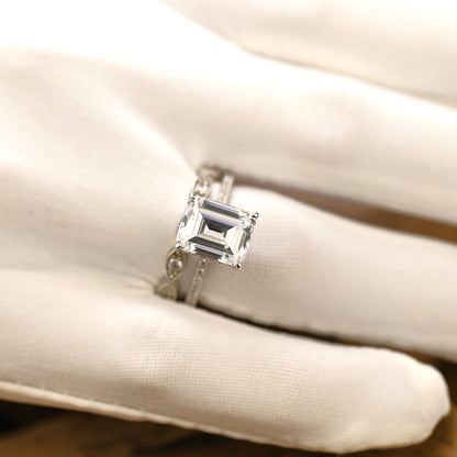 Pave Setting Bridal Ring Set with 1.50 CT Emerald Cut Moissanite