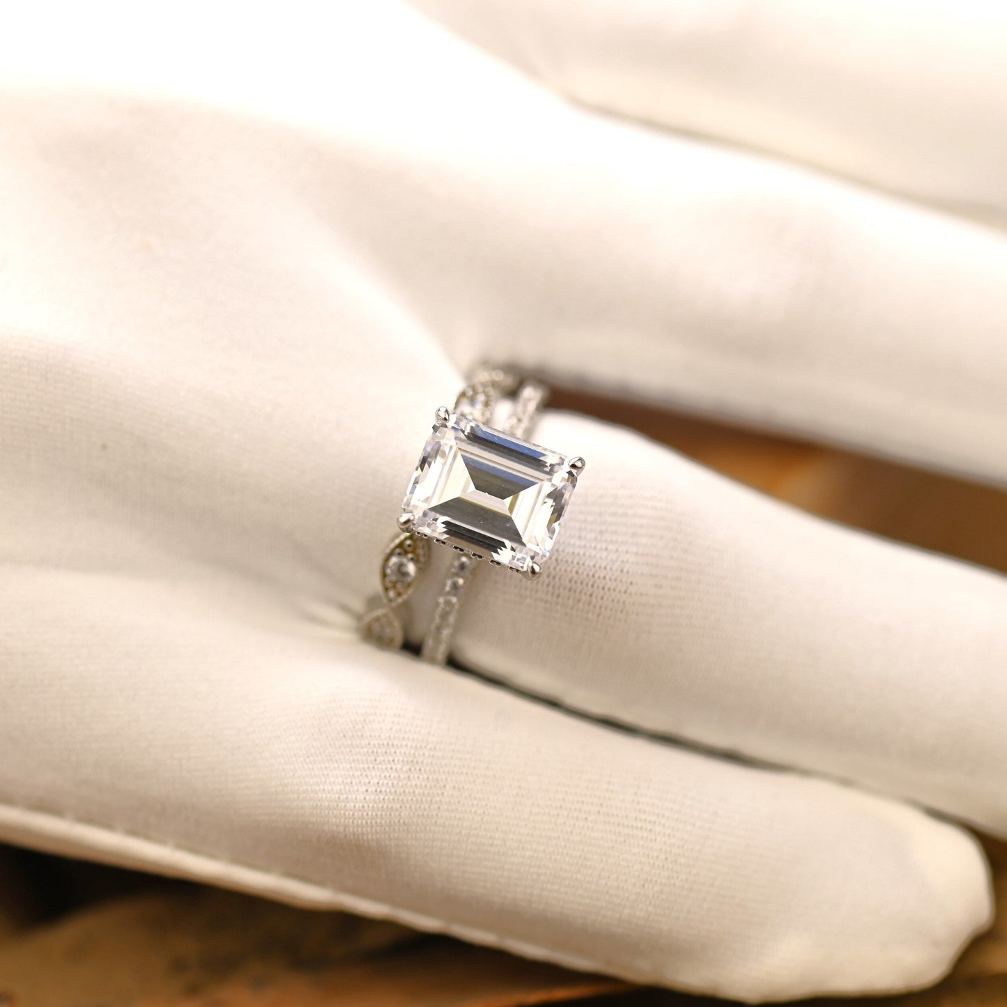 Pave Setting Bridal Ring Set with 1.50 CT Emerald Cut Moissanite