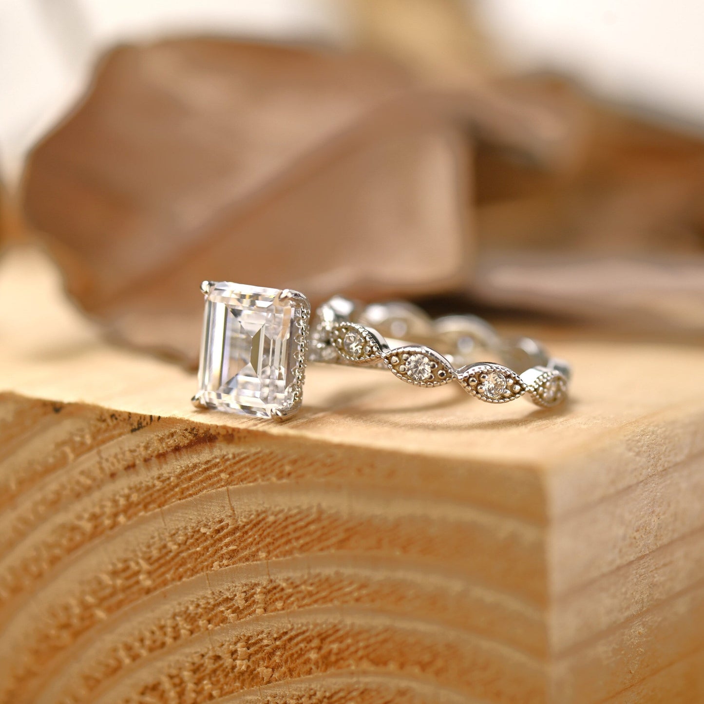 Pave Setting Bridal Ring Set with 1.50 CT Emerald Cut Moissanite