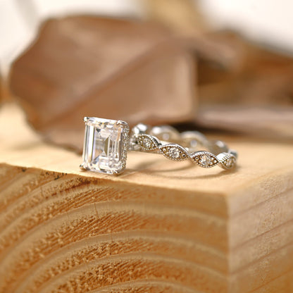 Pave Setting Bridal Ring Set with 1.50 CT Emerald Cut Moissanite