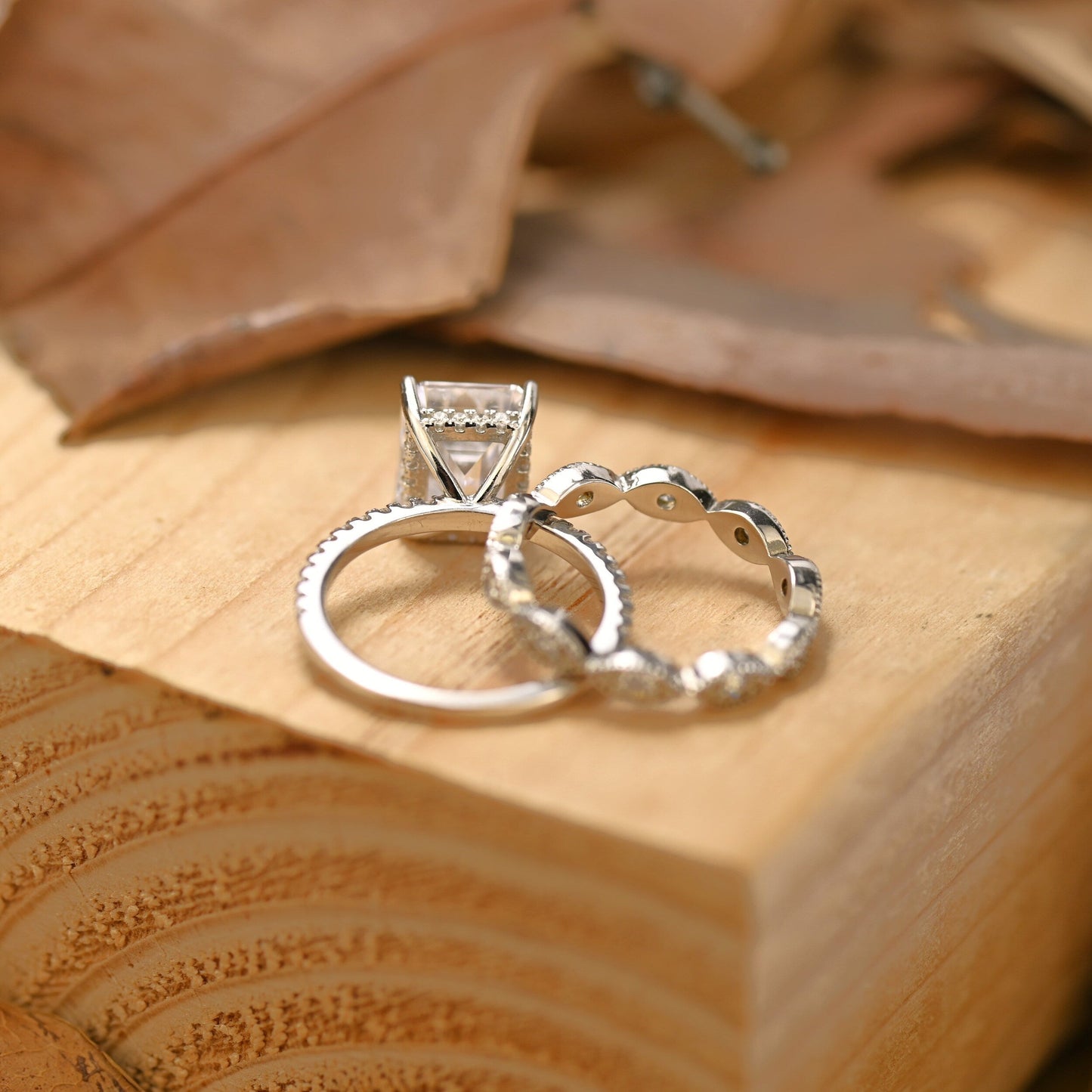 Pave Setting Bridal Ring Set with 1.50 CT Emerald Cut Moissanite