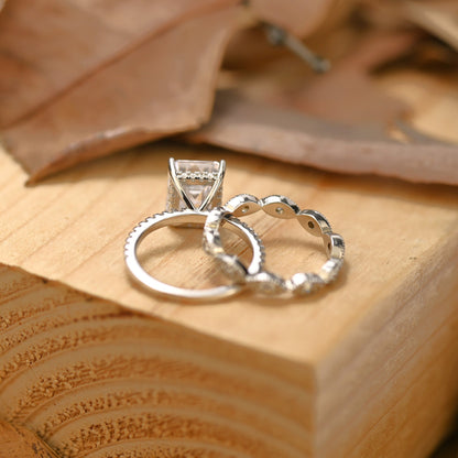 Pave Setting Bridal Ring Set with 1.50 CT Emerald Cut Moissanite