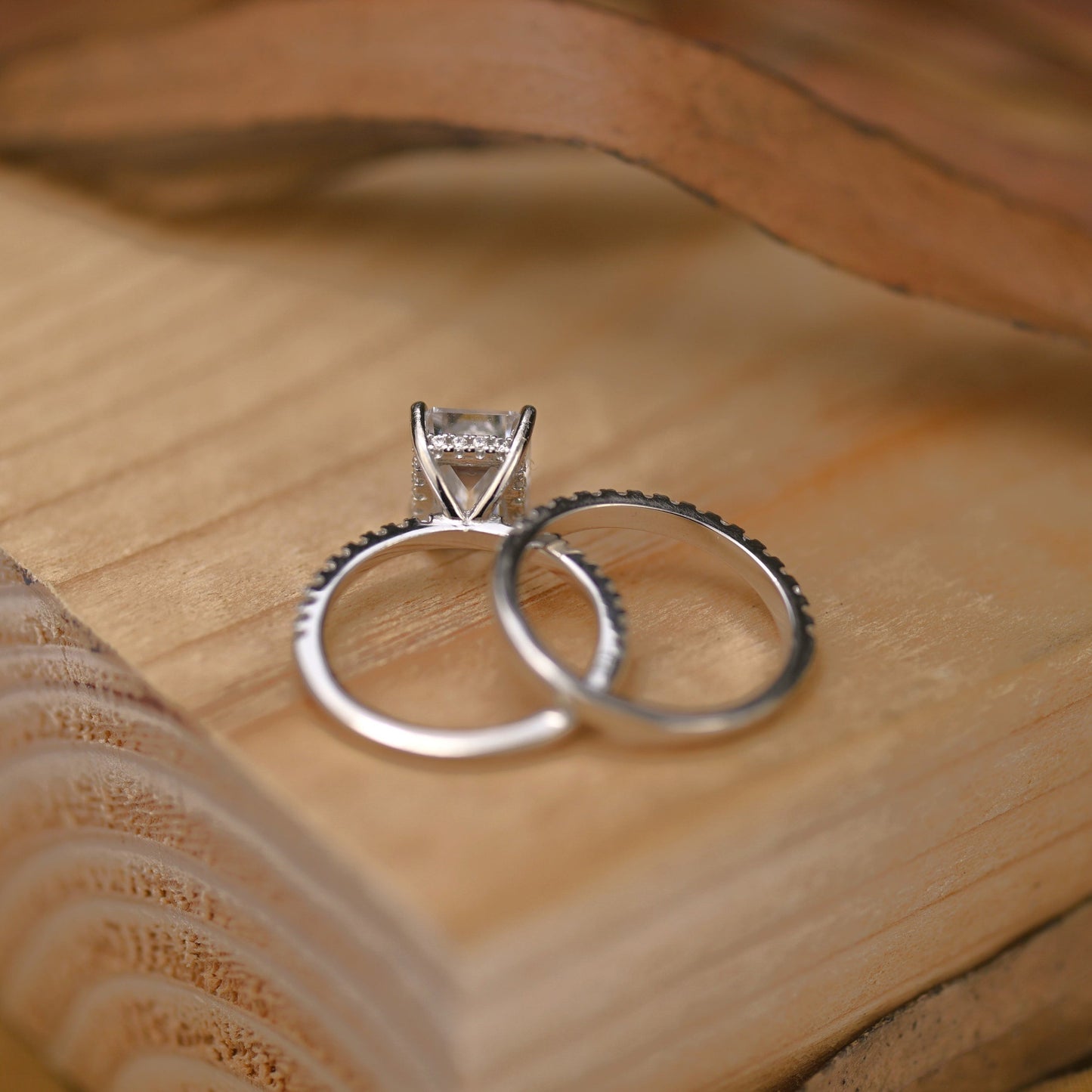Pave Setting Bridal Ring Set with 1.50 CT Emerald Cut Moissanite