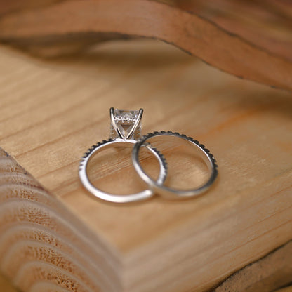 Pave Setting Bridal Ring Set with 1.50 CT Emerald Cut Moissanite