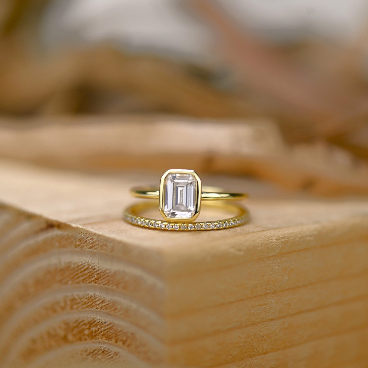 Bezel Bridal Ring Set with 1.0 CT Emerald Cut Moissanite