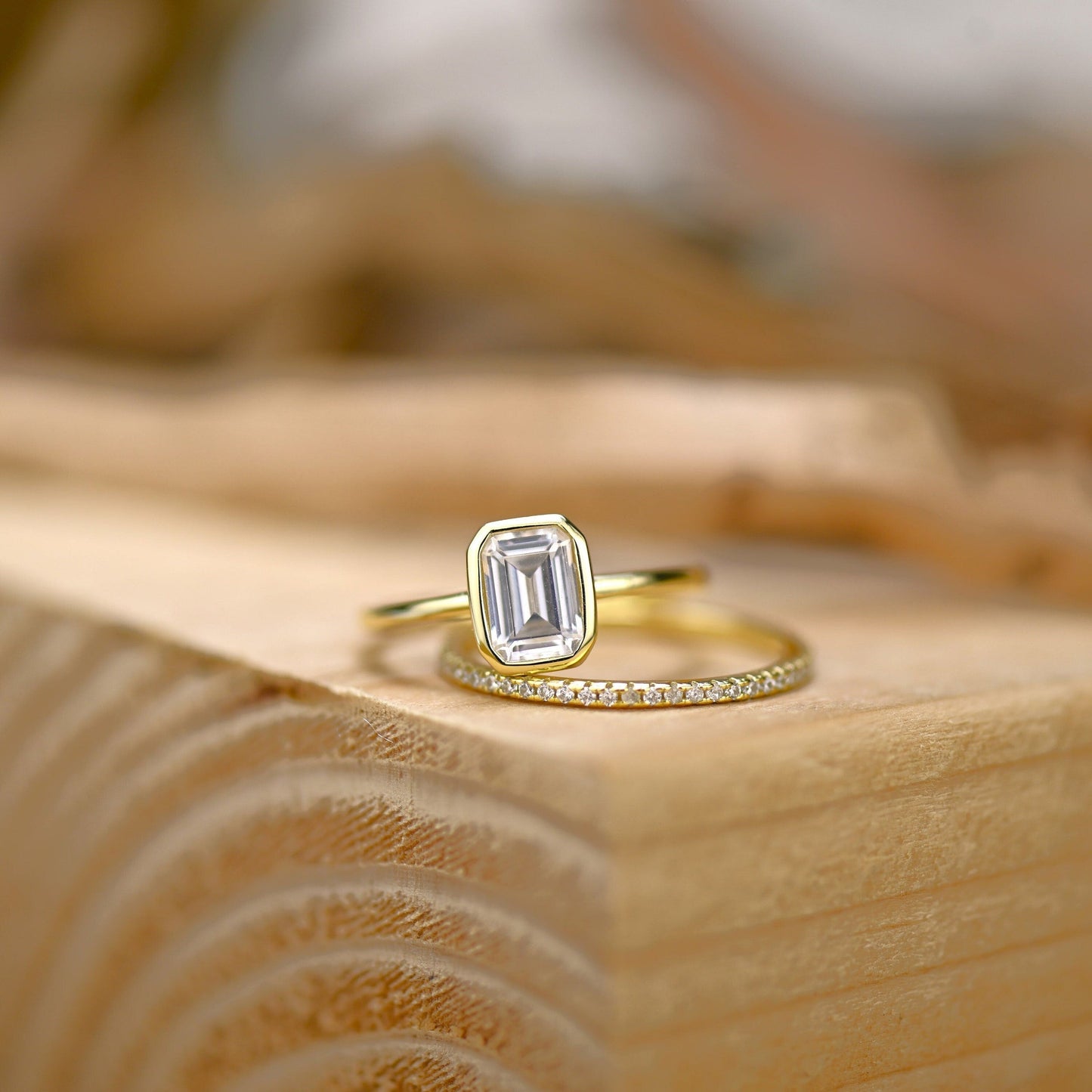Bezel Bridal Ring Set with 1.0 CT Emerald Cut Moissanite