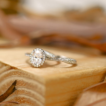 Halo Bridal Ring Set with 1.25 CT Oval Cut Moissanite