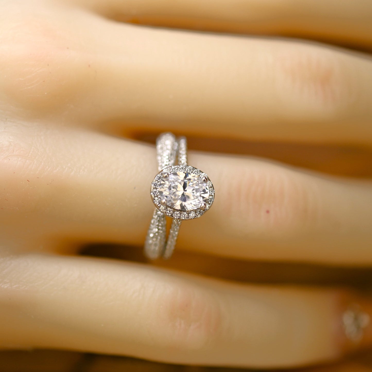 Halo Bridal Ring Set with 1.25 CT Oval Cut Moissanite