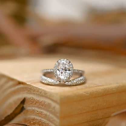 Halo Bridal Ring Set with 1.25 CT Oval Cut Moissanite