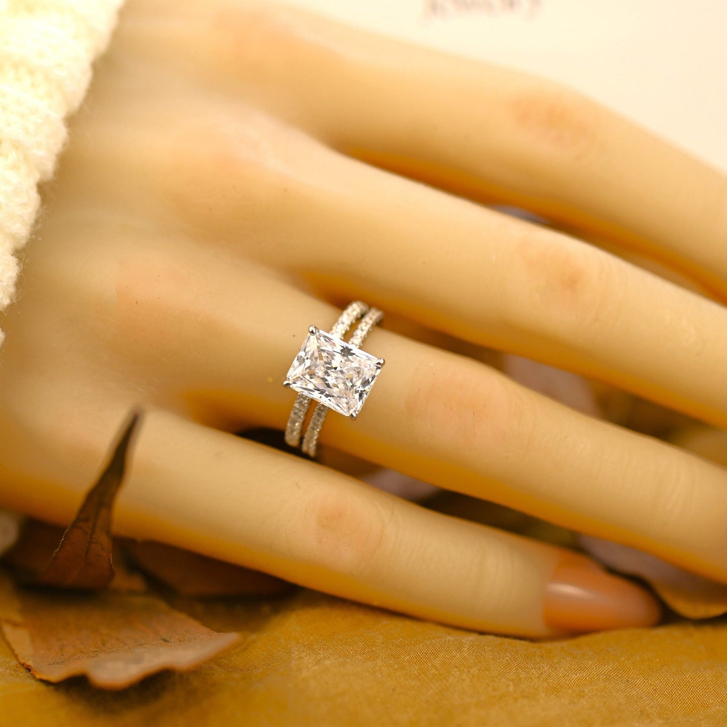Pave Setting Bridal Ring Set with 2.0 CT Radiant Cut Moissanite