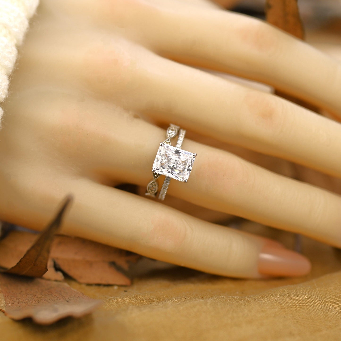 Pave Setting Bridal Ring Set with 2.0 CT Radiant Cut Moissanite