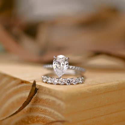 Pave Setting Bridal Ring Set with 1.25 CT Pear Cut Moissanite