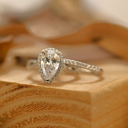 Halo Bridal Ring Set with 2.0 CT Pear Cut Moissanite