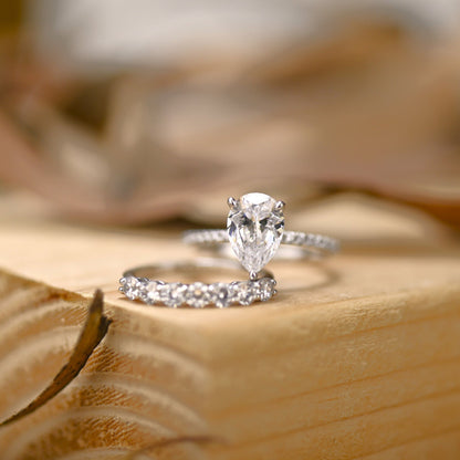 Pave Setting Bridal Ring Set with 1.25 CT Pear Cut Moissanite