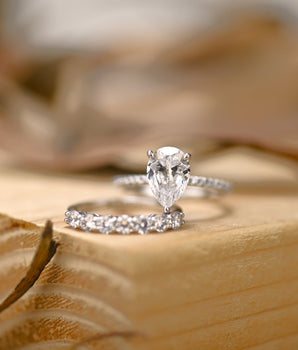 Pave Setting Bridal Ring Set with 1.25 CT Pear Cut Moissanite