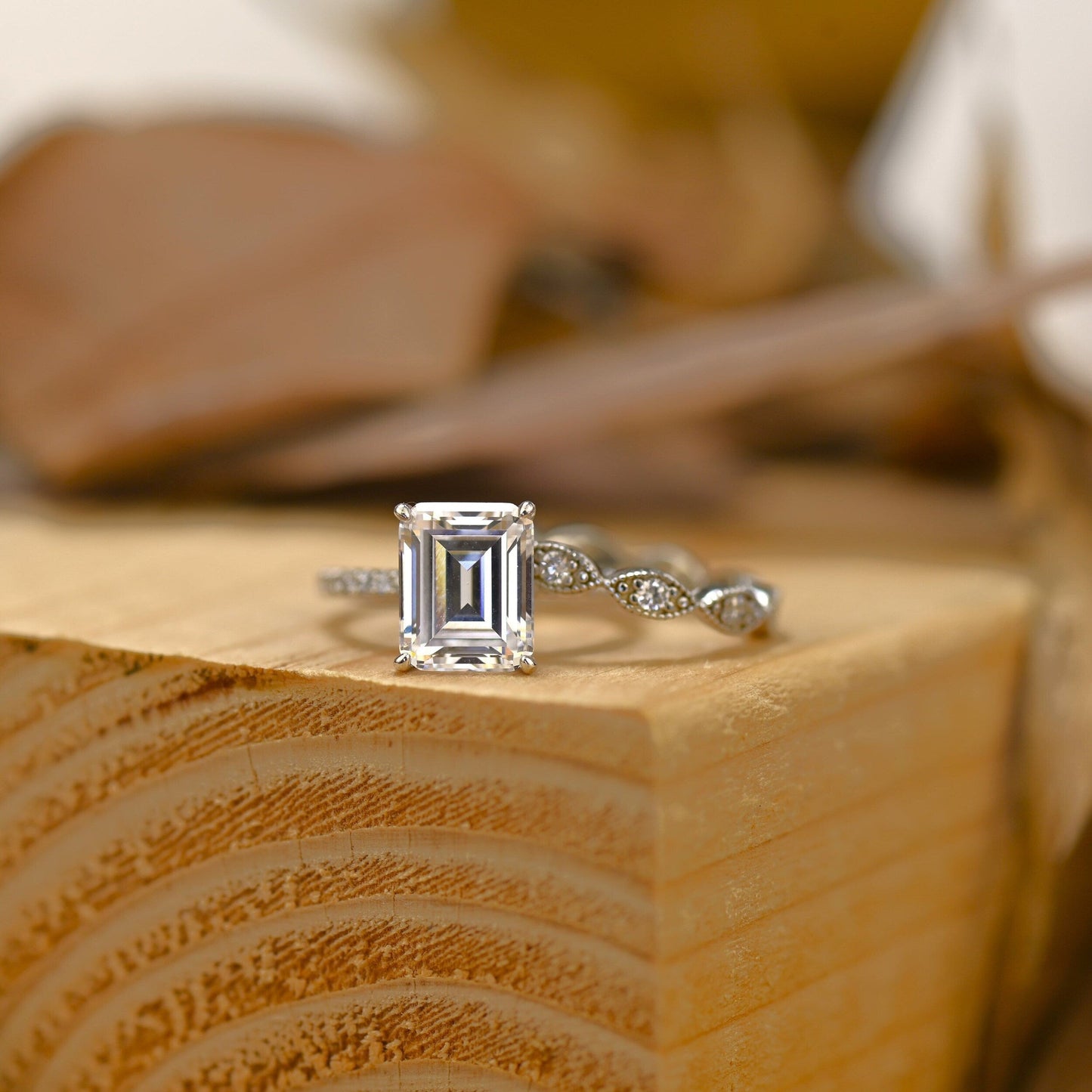 Pave Setting Bridal Ring Set with 1.50 CT Emerald Cut Moissanite