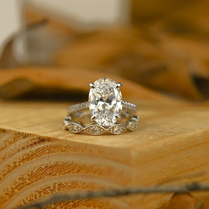 Pave Setting Bridal Ring Set with 2.0 CT Oval Cut Moissanite