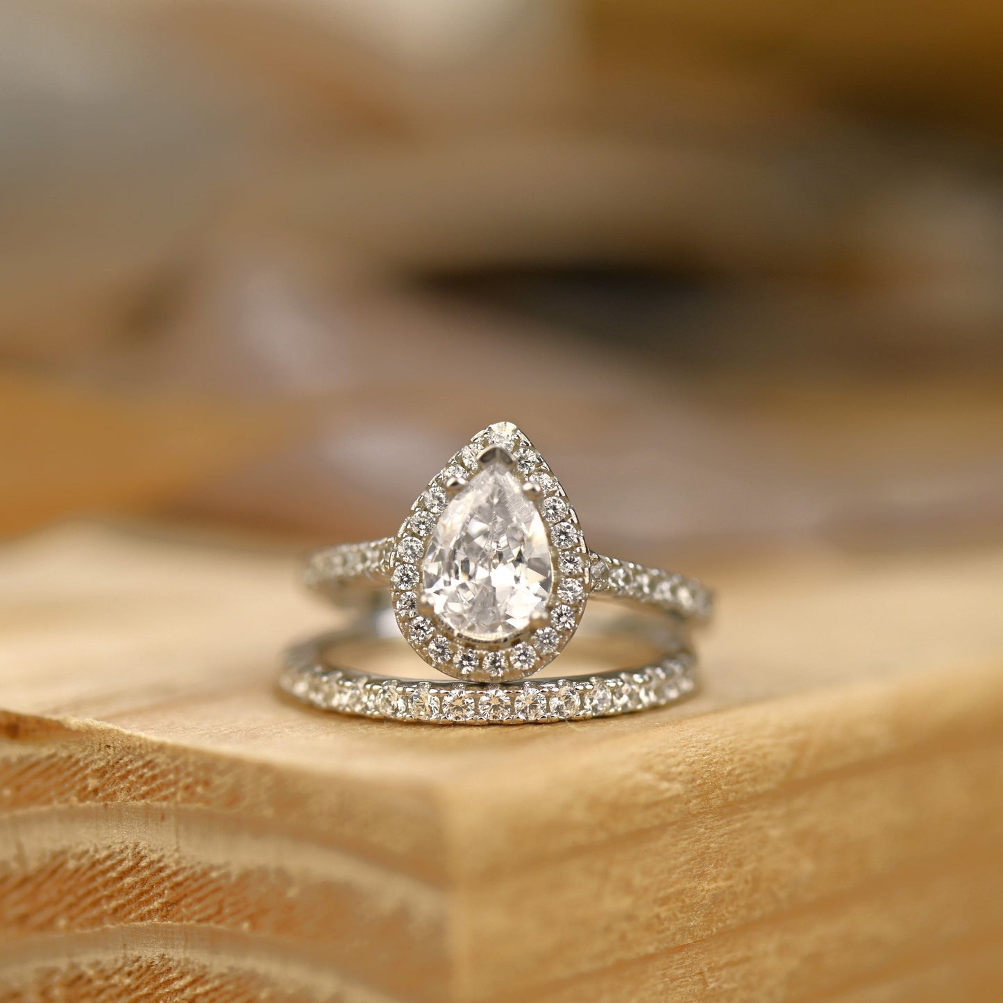 Pave Setting Bridal Ring Set with 2.0 CT Pear Cut Moissanite