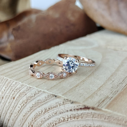 Pave Setting Bridal Ring Set with 1.0 CT Round Cut Moissanite