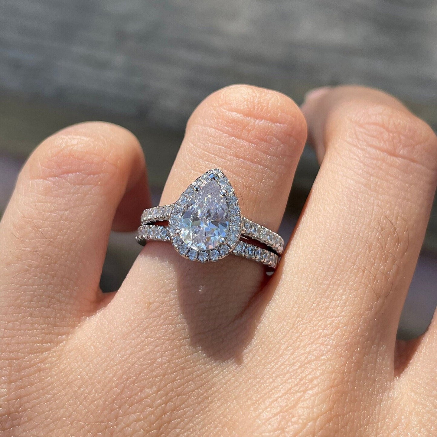 Pave Setting Bridal Ring Set with 2.0 CT Pear Cut Moissanite