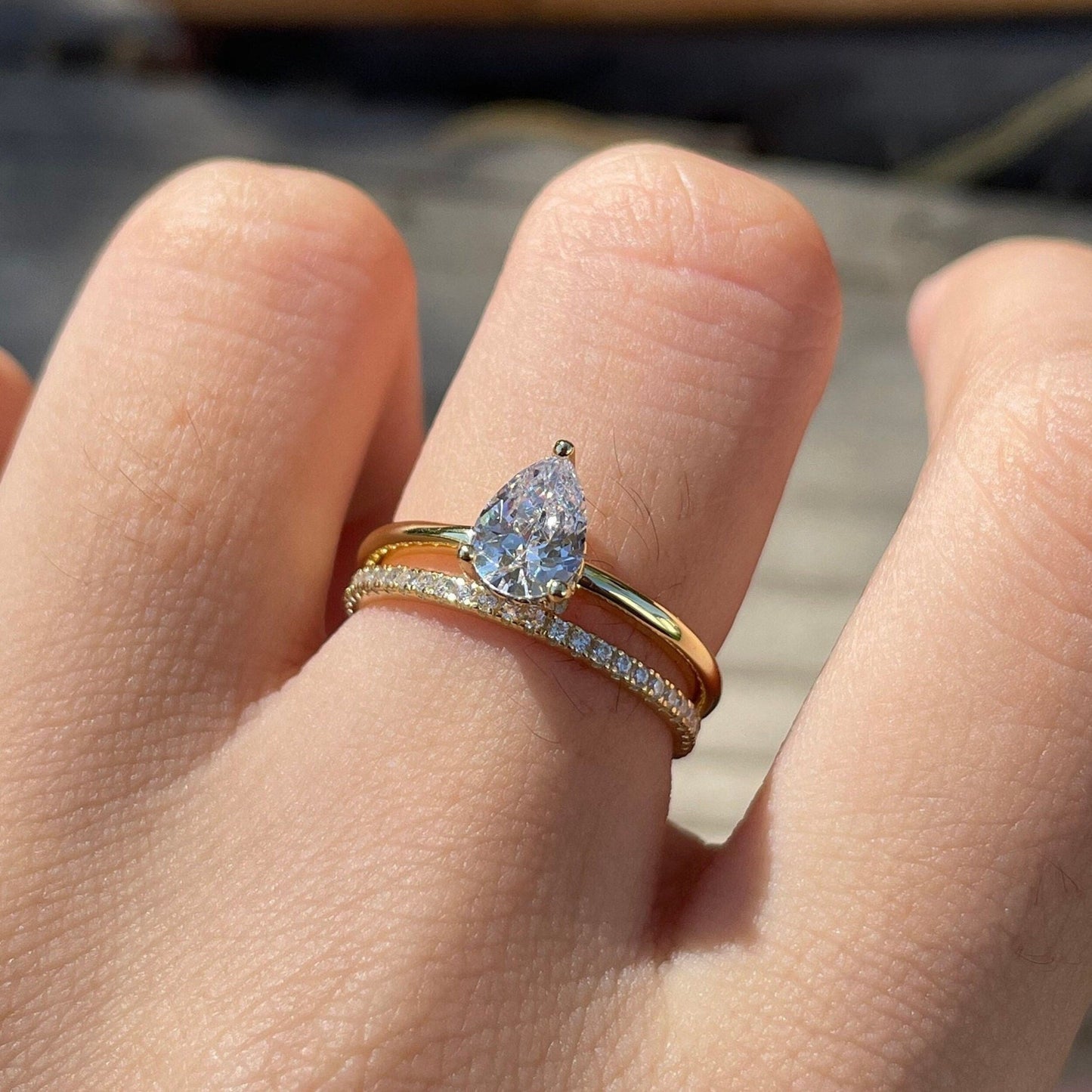 Hidden Halo Bridal Ring Set with 0.75 CT Pear Cut Moissanite