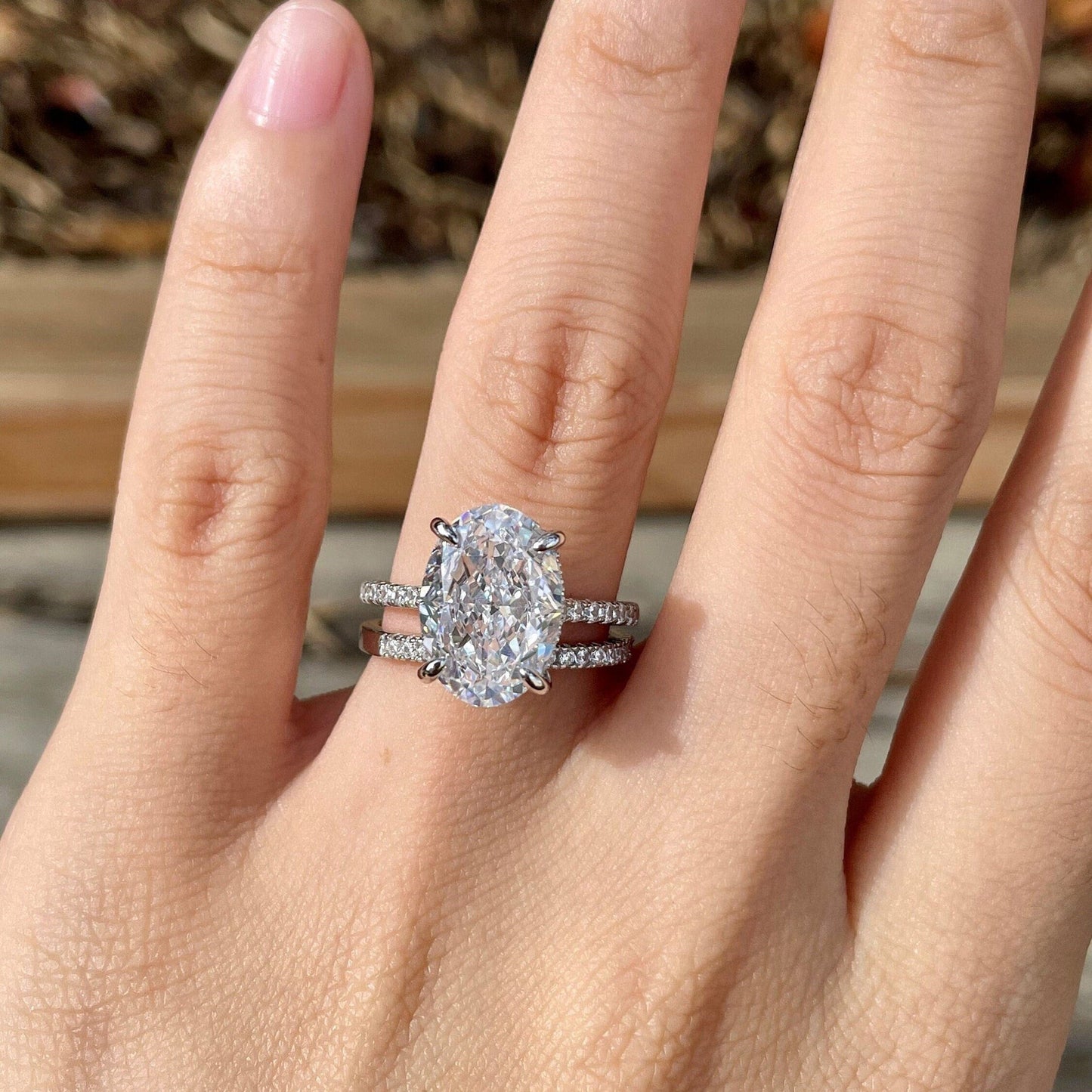 Pave Setting Bridal Ring Set with 2.0 CT Oval Cut Moissanite