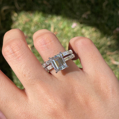 Pave Setting Bridal Ring Set with 1.50 CT Emerald Cut Moissanite