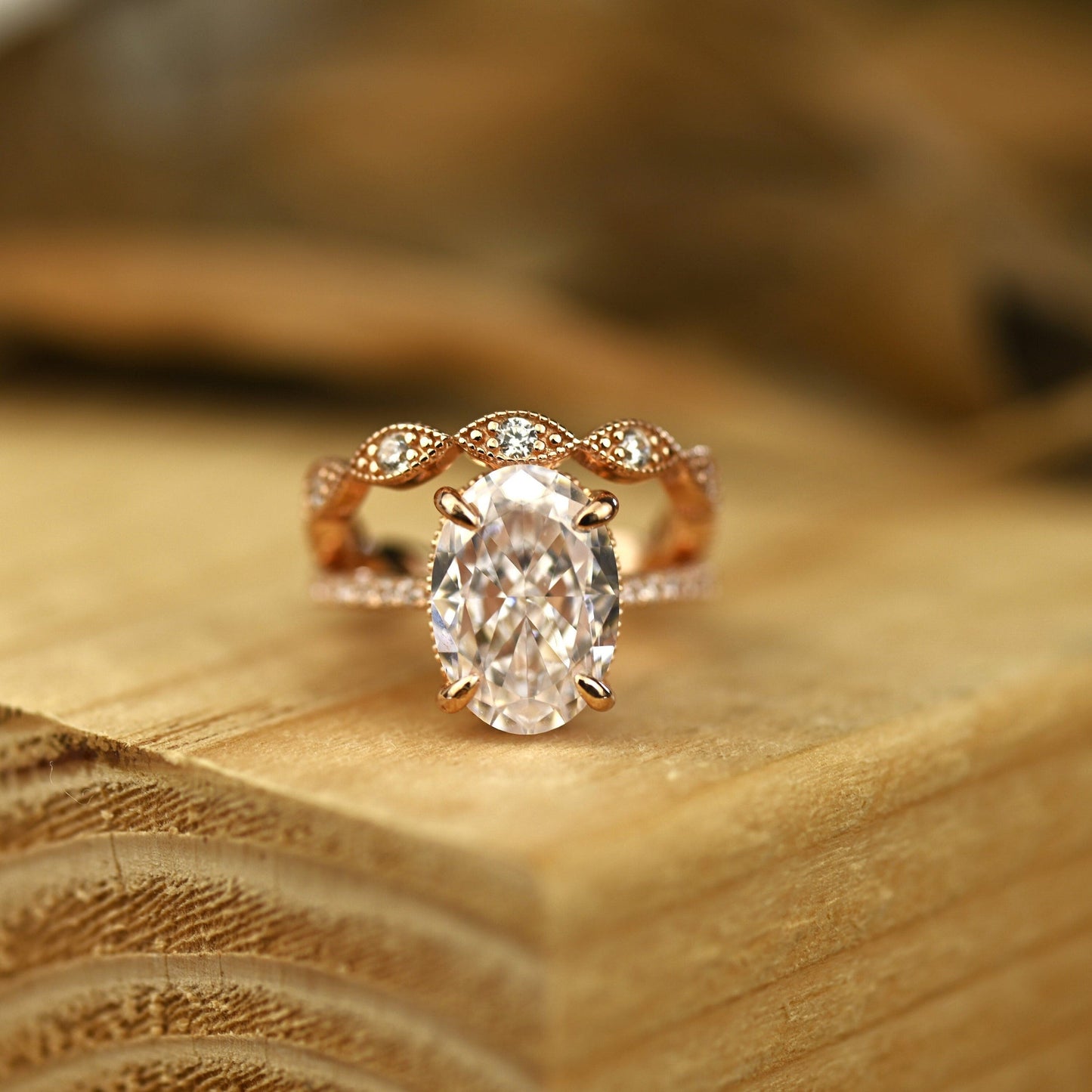 Hidden Halo Bridal Ring Set with 3.0 CT Oval Cut Moissanite