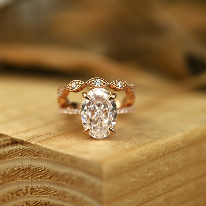 Hidden Halo Bridal Ring Set with 3.0 CT Oval Cut Moissanite