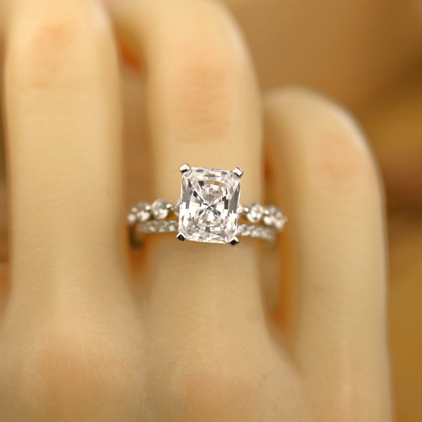 Pave Setting Bridal Ring Set with 3.0 CT Radiant Cut Moissanite