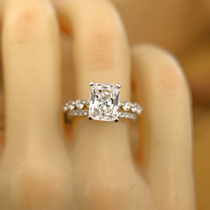Pave Setting Bridal Ring Set with 3.0 CT Radiant Cut Moissanite