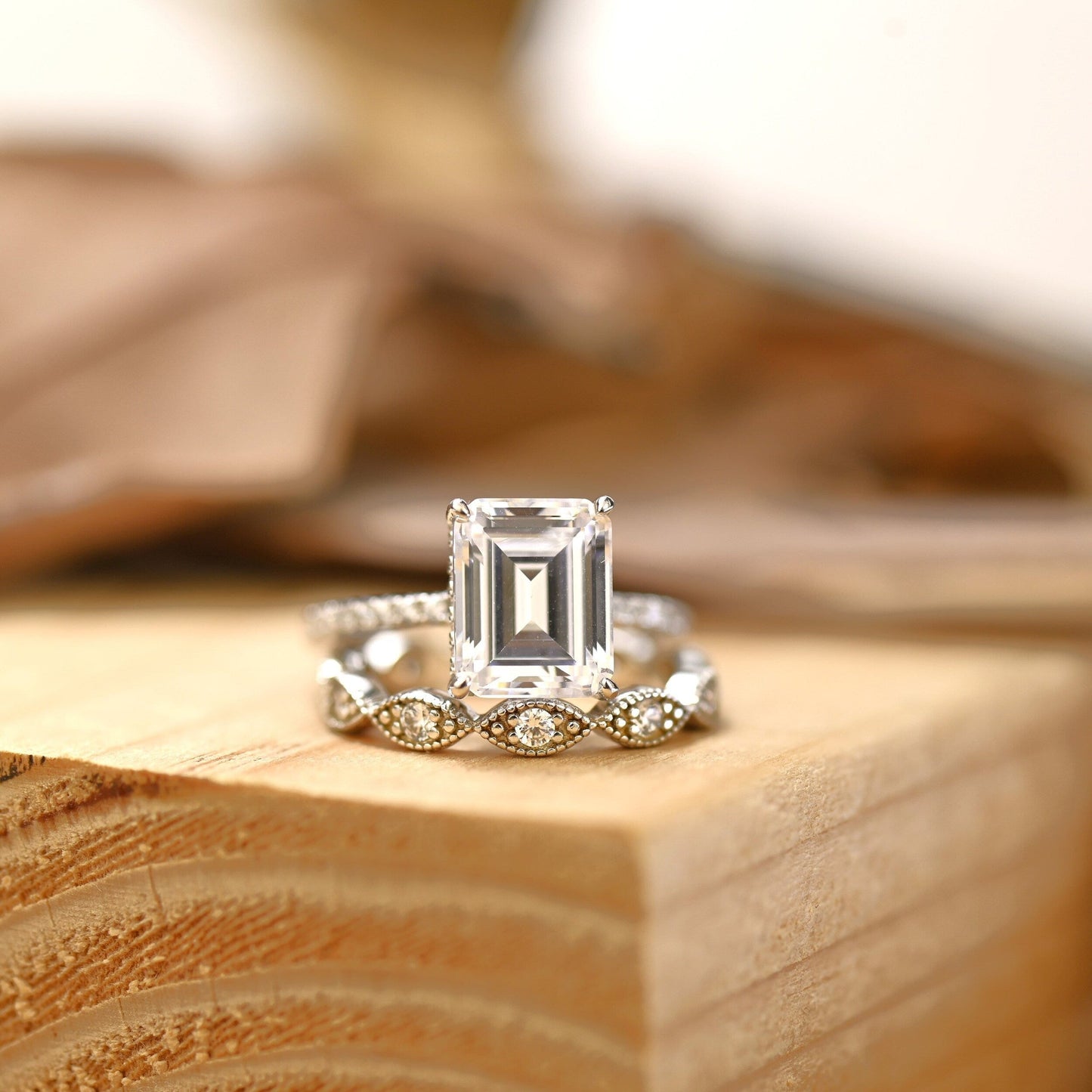 Pave Setting Bridal Ring Set with 1.50 CT Emerald Cut Moissanite