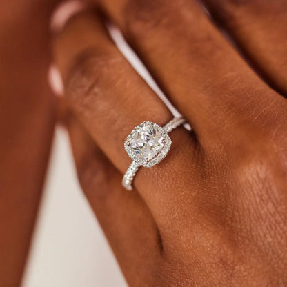 Halo & Pave Ring with 2.0 CT Cushion Cut Moissanite