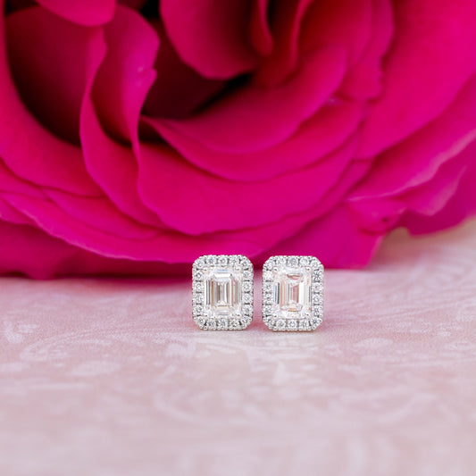 Halo Stud Earrings with 1.25 CT-1.75 CT Emerald Cut Moissanite