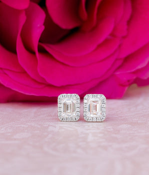 Halo Stud Earrings with 1.25 CT-1.75 CT Emerald Cut Moissanite