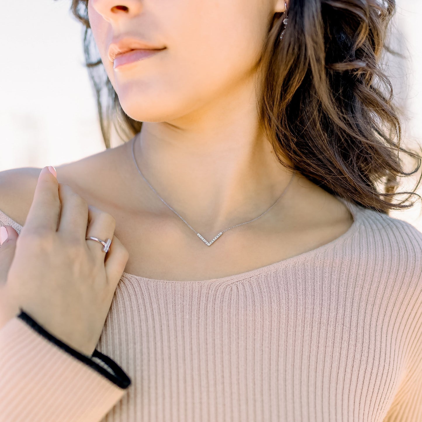 V Style Necklace with 0.24 TCW Round Cut Moissanite