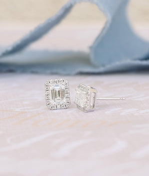 Halo Stud Earrings with 1.25 CT-1.75 CT Emerald Cut Moissanite