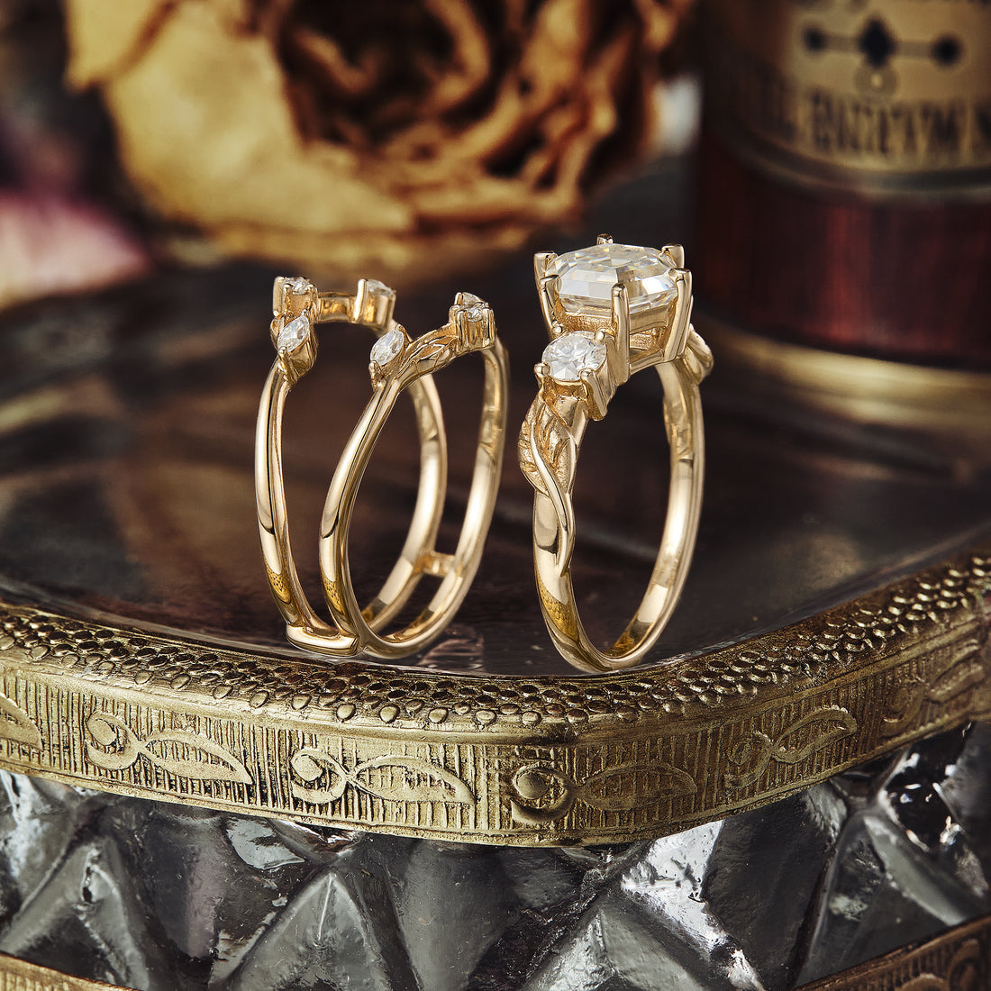Hexagon shaped moissanite diamond bridal set with vintage setting