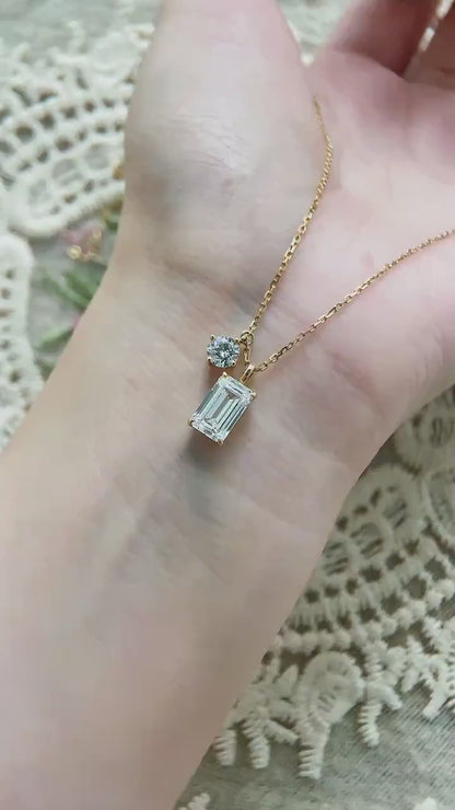 Two Stone Necklace with 2.0 TCW Emerald Cut Moissanite